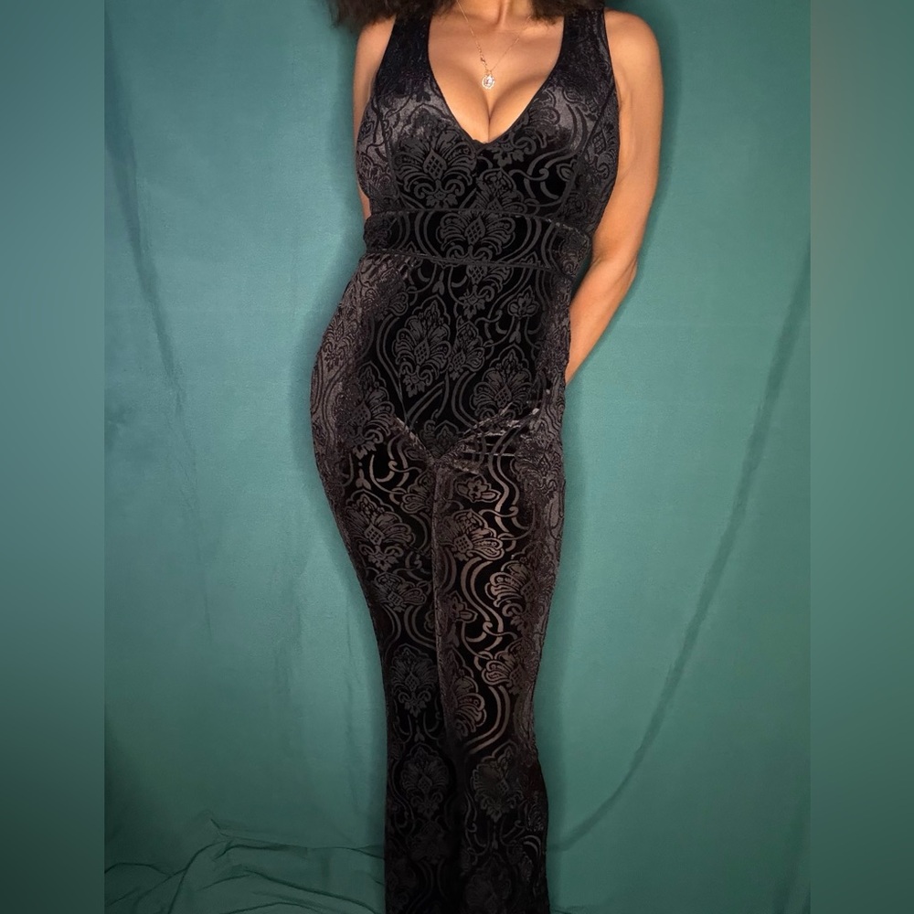 Black Velvet V-Neck Wide Leg Bodysuit